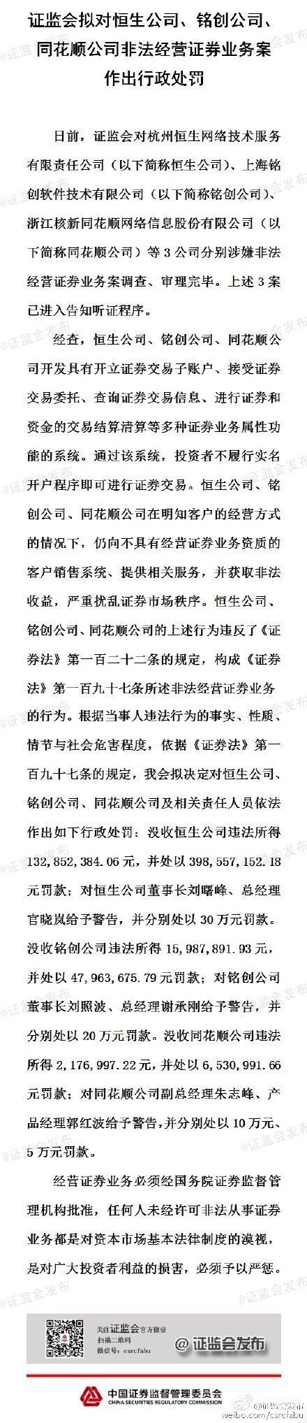 證監(jiān)會(huì)擬對(duì)恒生、銘創(chuàng)、同花順等公司作出行政處罰