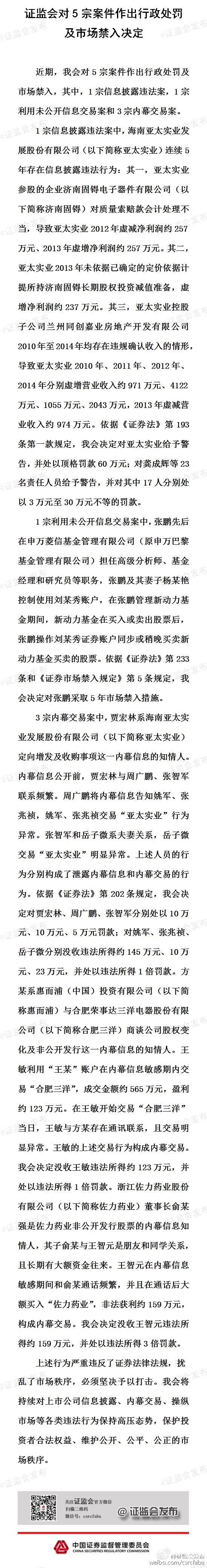 證監(jiān)會(huì)對(duì)5宗案件作出行政處罰和市場(chǎng)禁入決定