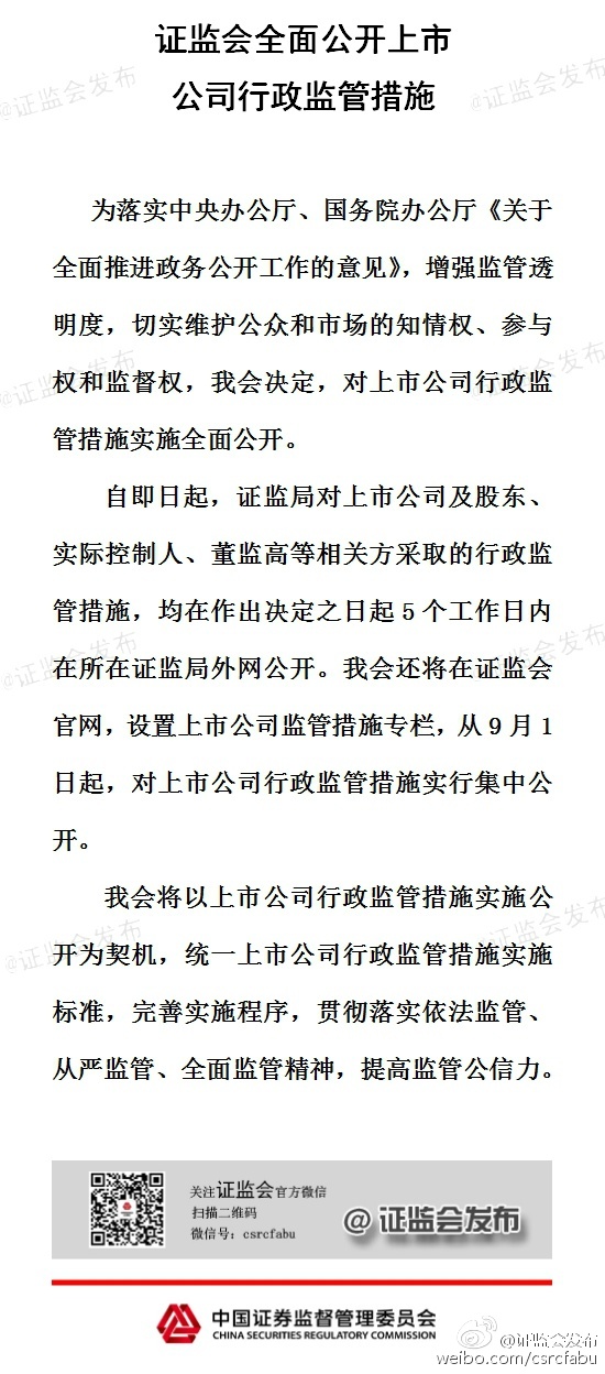 證監(jiān)會(huì)：將全面公開上市公司行政監(jiān)管措施