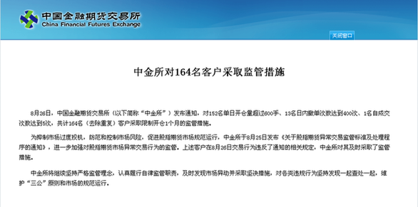 中金所對(duì)164名客戶采取監(jiān)管措施 限制開倉1個(gè)月